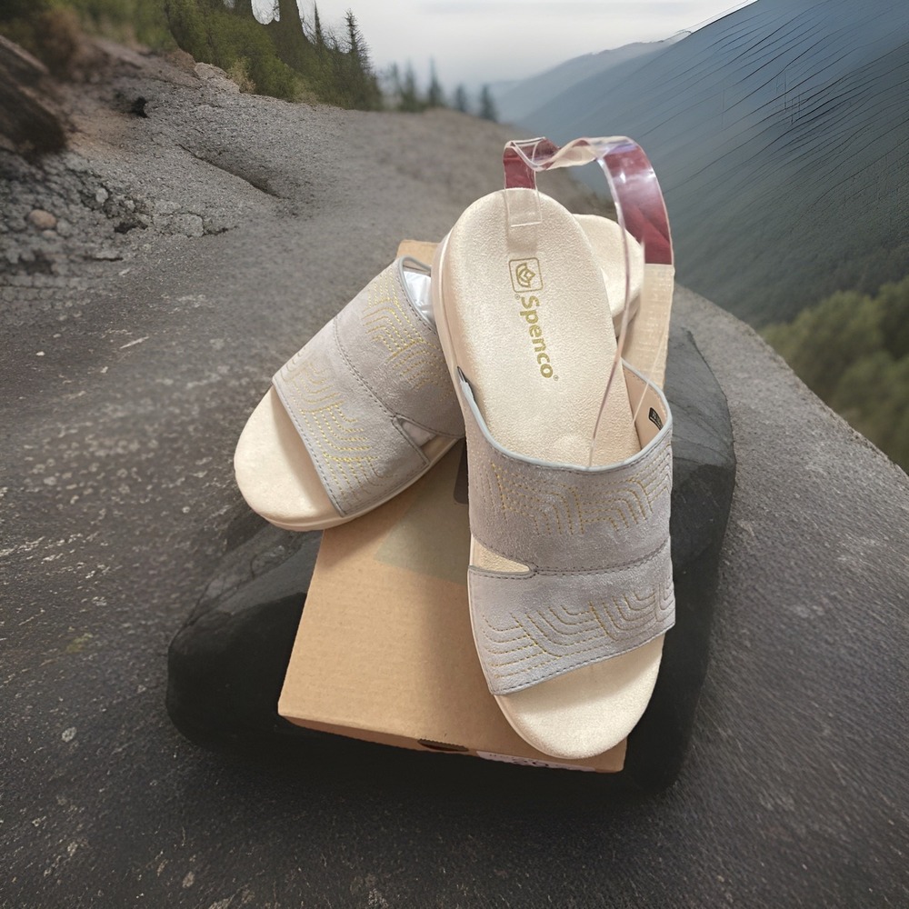 NIB Spenco Twilight Ellie Womens 7 D Slide Sandal‎ Light Grey Leather Comfort